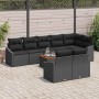 Schwarzes 9-teiliges Garten-Sofa-Set aus Poly Rattan mit Kissen und Tisch.