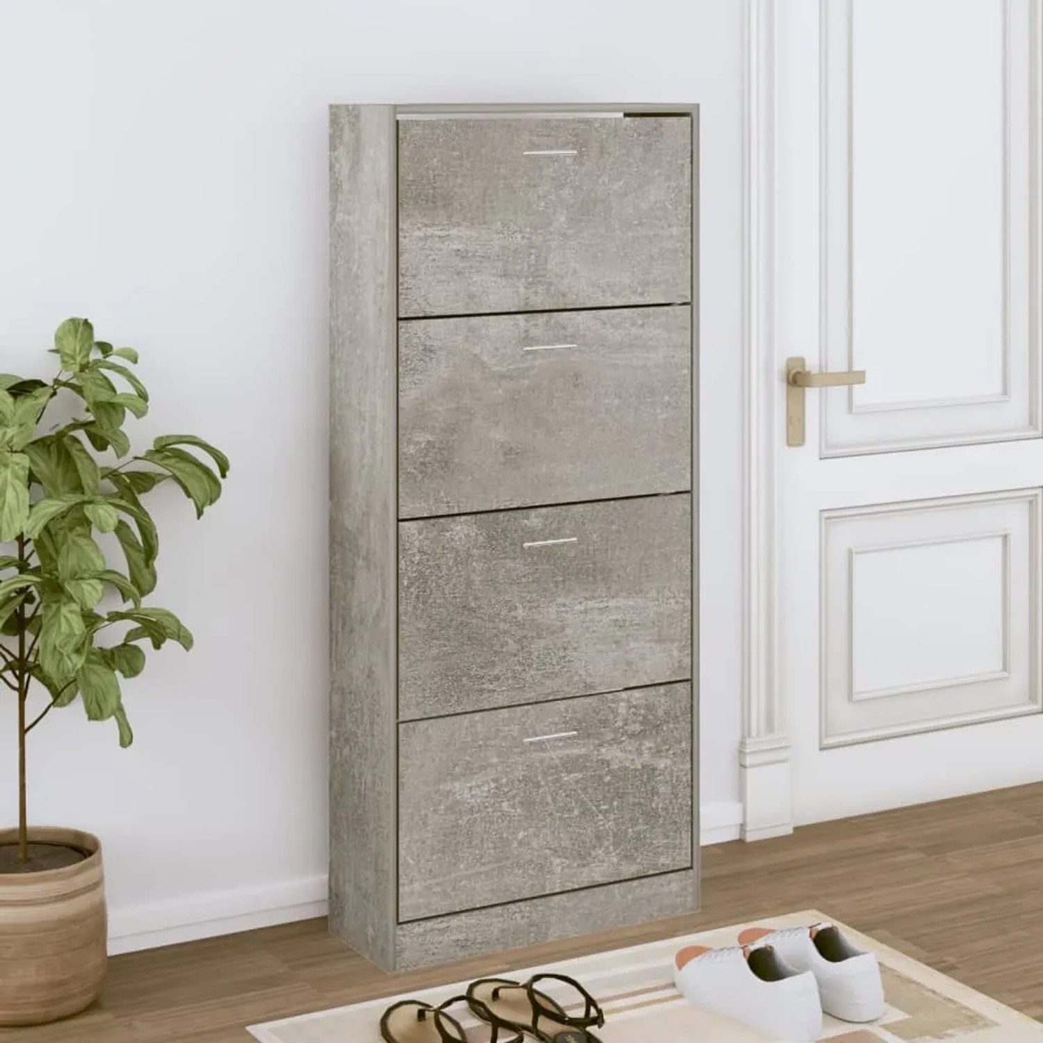 vidaXL Schuhschrank, Betongrau, mit 4 Klappen, aus Holzwerkstoff.