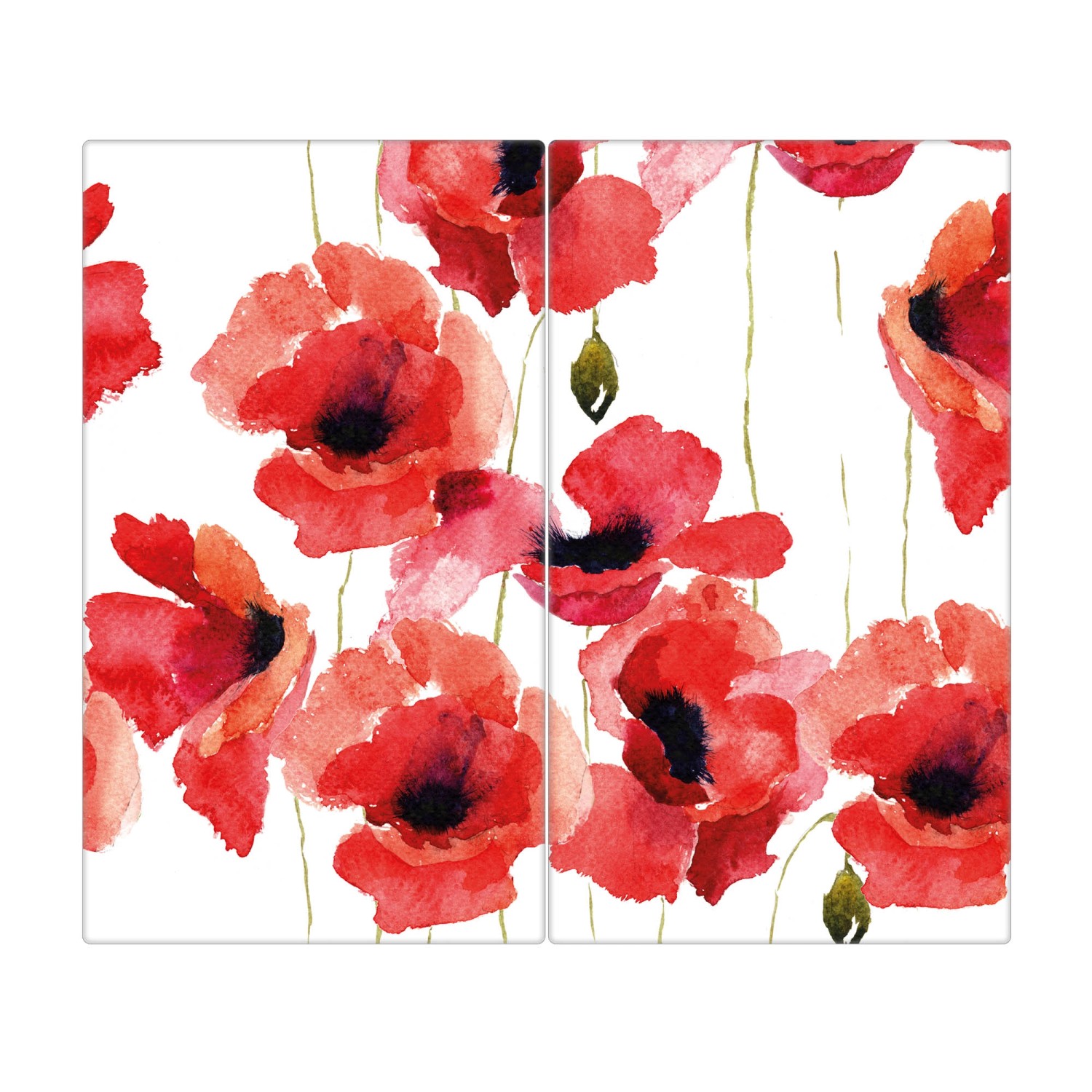 Banjado Herdabdeckplatte Glas 2 Teilig Je 30x52CM Schneidebrett Herdabdeckung Mit Motiv Mohn Aquarell (Maße: 52cm | 0.8cm | 60cm)