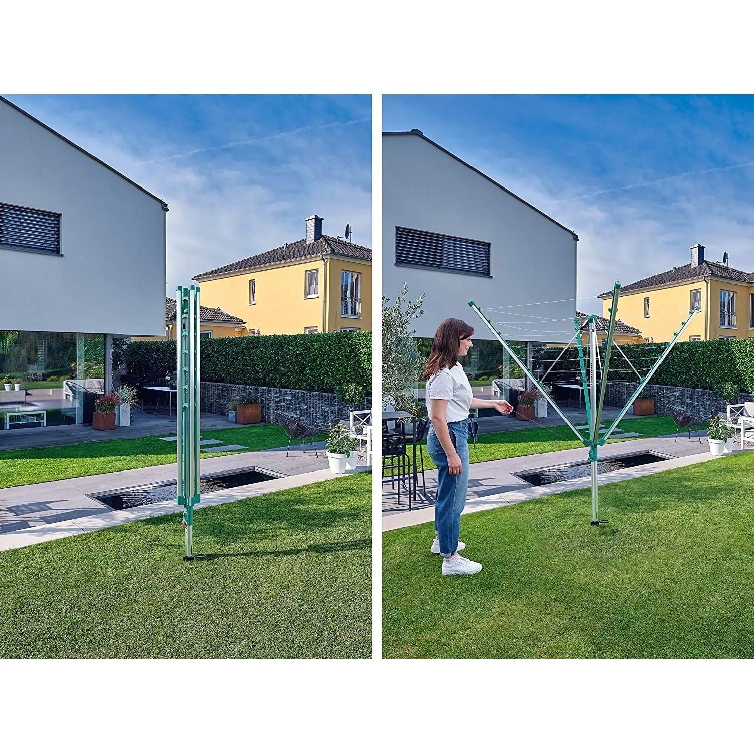 Leifheit Wäschespinne Linomatic V 40m, geöffnet und geschlossen im Garten.