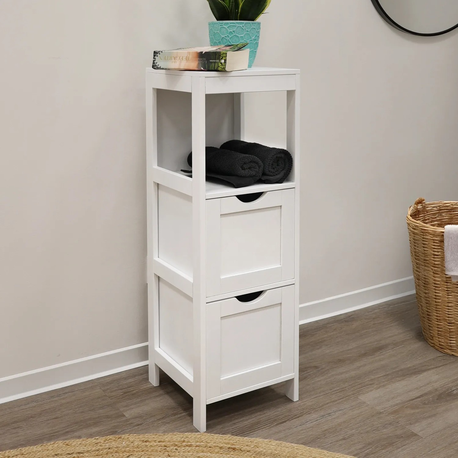 Svita Lintu Badregal in Weiß mit 2 Schubladen und offenem Fach in Holzoptik.