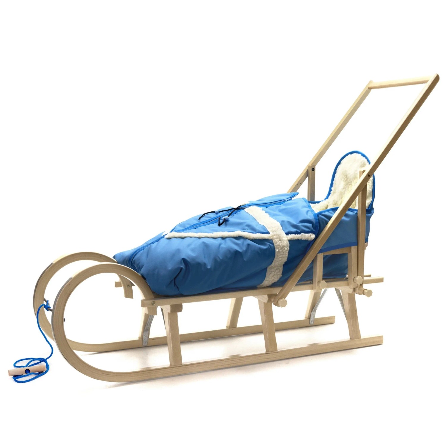 HolzFee Baran Baby Hörnerschlitten 120 cm mit Fußsack Alaska Blau Babyschlitten