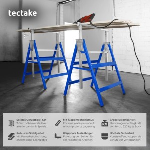 Tectake Gerüstbock 2er Set, blau, aus Stahl, klappbar und höhenverstellbar.