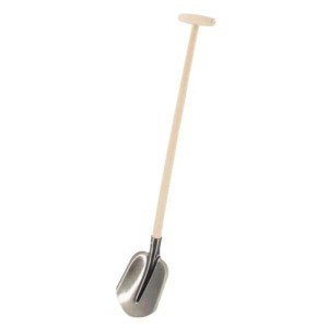 Kleine Schaufel mit hellem Holzstiel und T-Griff, silbernes Metallblatt. Gartenwerkzeug für Erde und Sand.