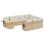 Beige 11-tlg. Garten-Sofagarnitur aus Poly Rattan mit cremefarbenen Kissen und Akazienholz-Tischen.