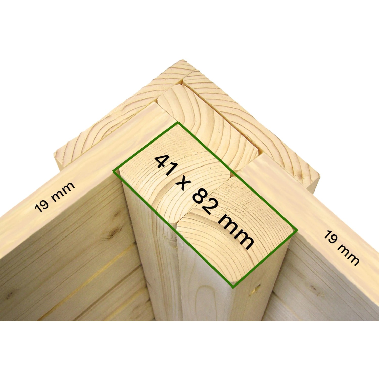 Detailaufnahme Eckverbindung des Bertilo Gartenhaus Pentus 3, Holzstärke 19 mm, Pfosten 41 x 82 mm.