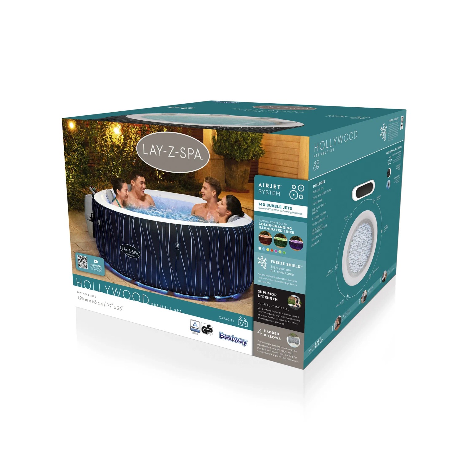 Verpackung des Bestway Lay-Z-Spa Hollywood AirJet, aufblasbarer Whirlpool mit LED-Beleuchtung.