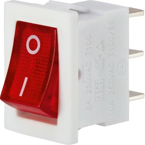 Weißer Einbau-Wippschalter, rot beleuchtet, für Lampeninstallation.