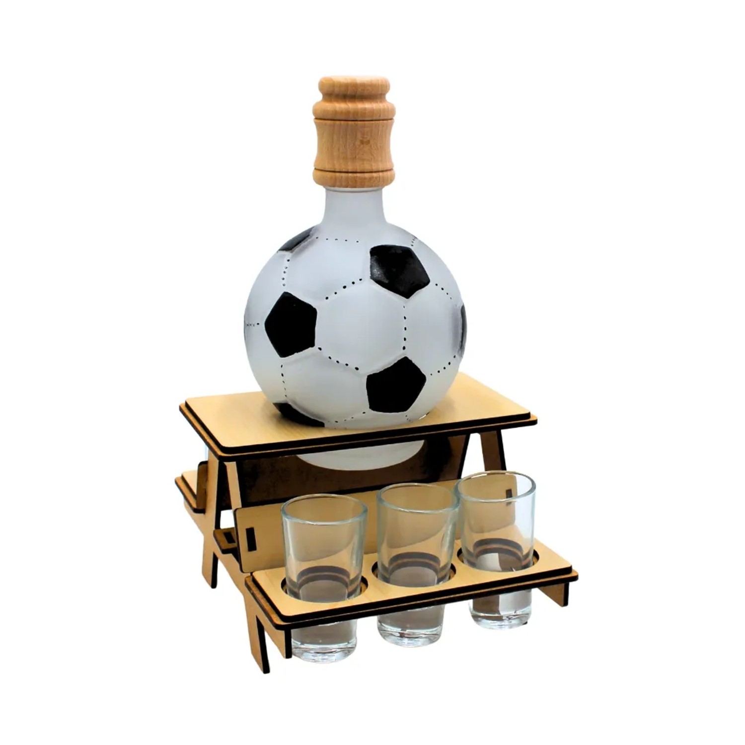 Holz Bank mit Fußball-Karaffe und Schnapsgläsern. Dekoratives Geschenkset für Fußballfans, aus Laserholz.