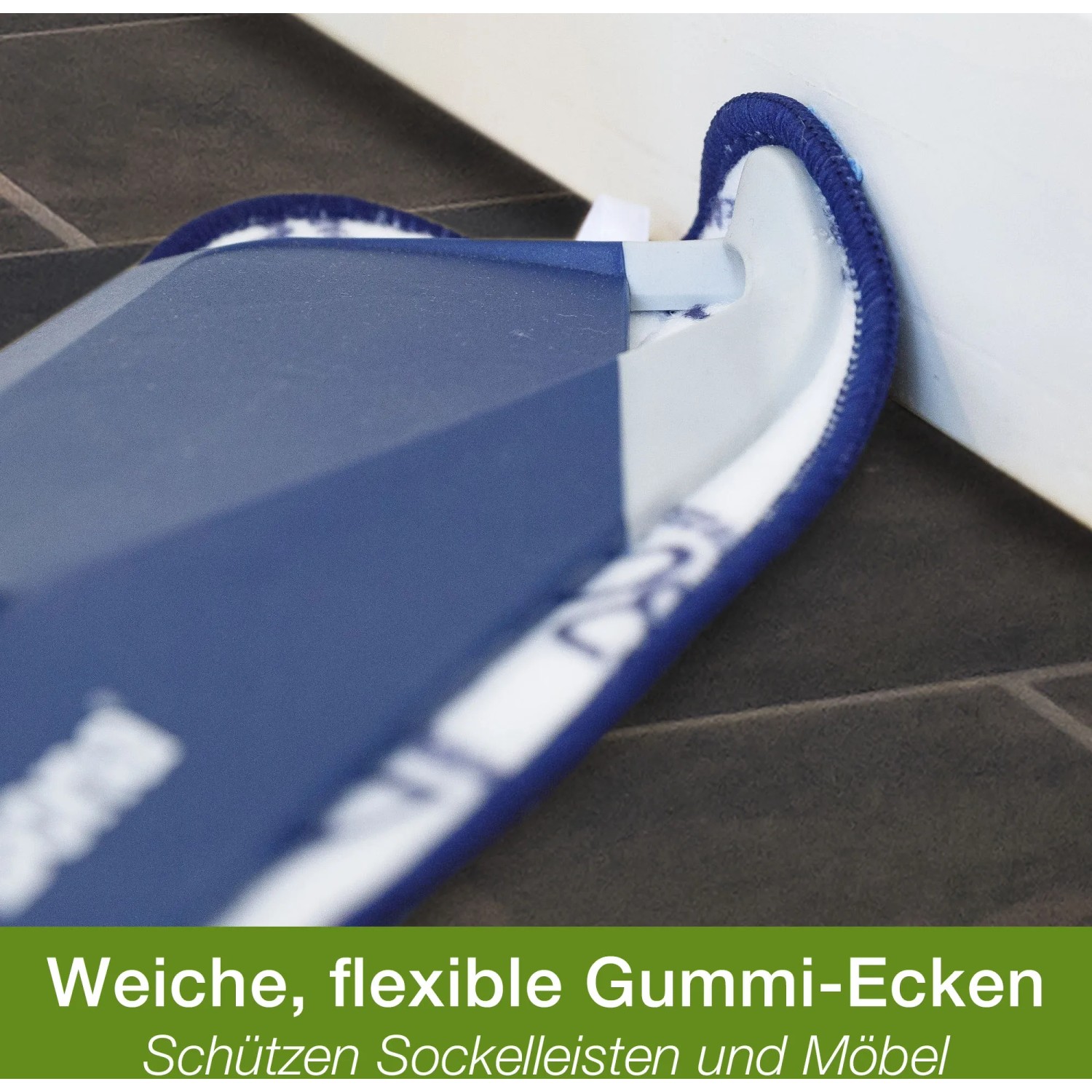 Detailaufnahme: Bona Spray Mop für Hartböden mit flexiblem Gummirand zum Schutz von Möbeln.