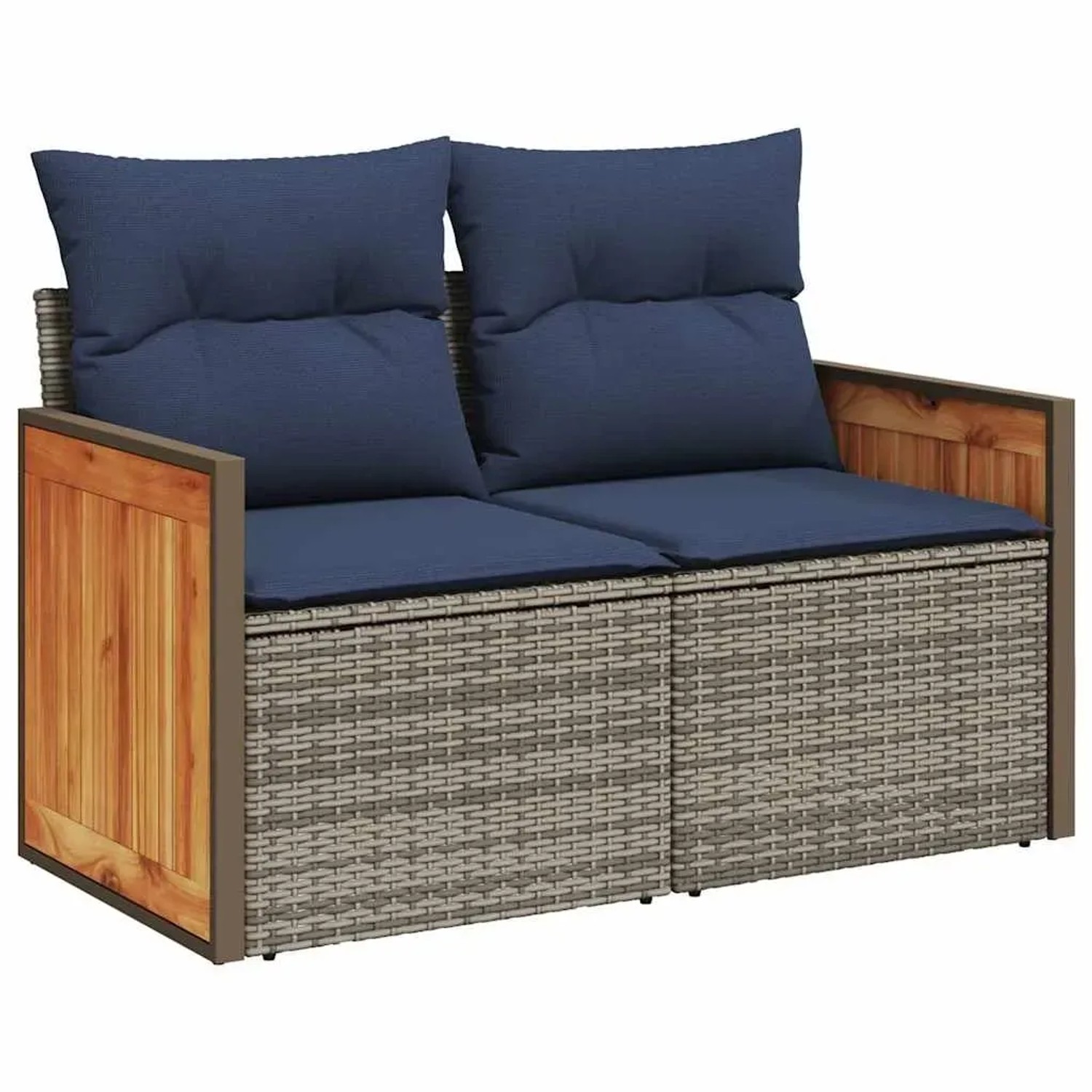 Graue 6-tlg. Garten-Sofagarnitur aus Rattan mit blauen Kissen und Akazienholz-Akzenten.