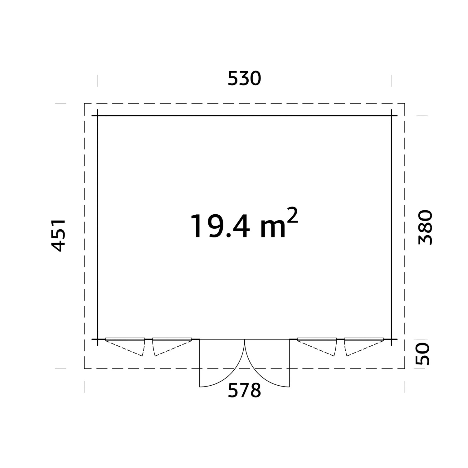 Grundriss Palmako Gartenhaus Lisa, 530x380 cm, Fläche 19,4 m², Holz-Gartenhaus.