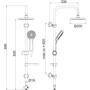 Euroshowers Duschsystem Flipper Grau Chrom. Technische Zeichnung mit Kopf- und Handbrause, 99 cm Höhe, Ø200 Kopfbrause.
