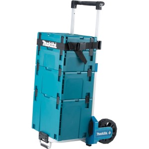 Makita Werkzeugkoffer-Trolley Makpac mit drei blauen Werkzeugkoffern und Teleskopauszug.