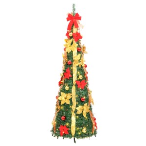 Grüner Pop-Up Weihnachtsbaum künstlich, 180 cm, mit roten Schleifen, goldenen Blumen und warmweißen LEDs dekoriert.