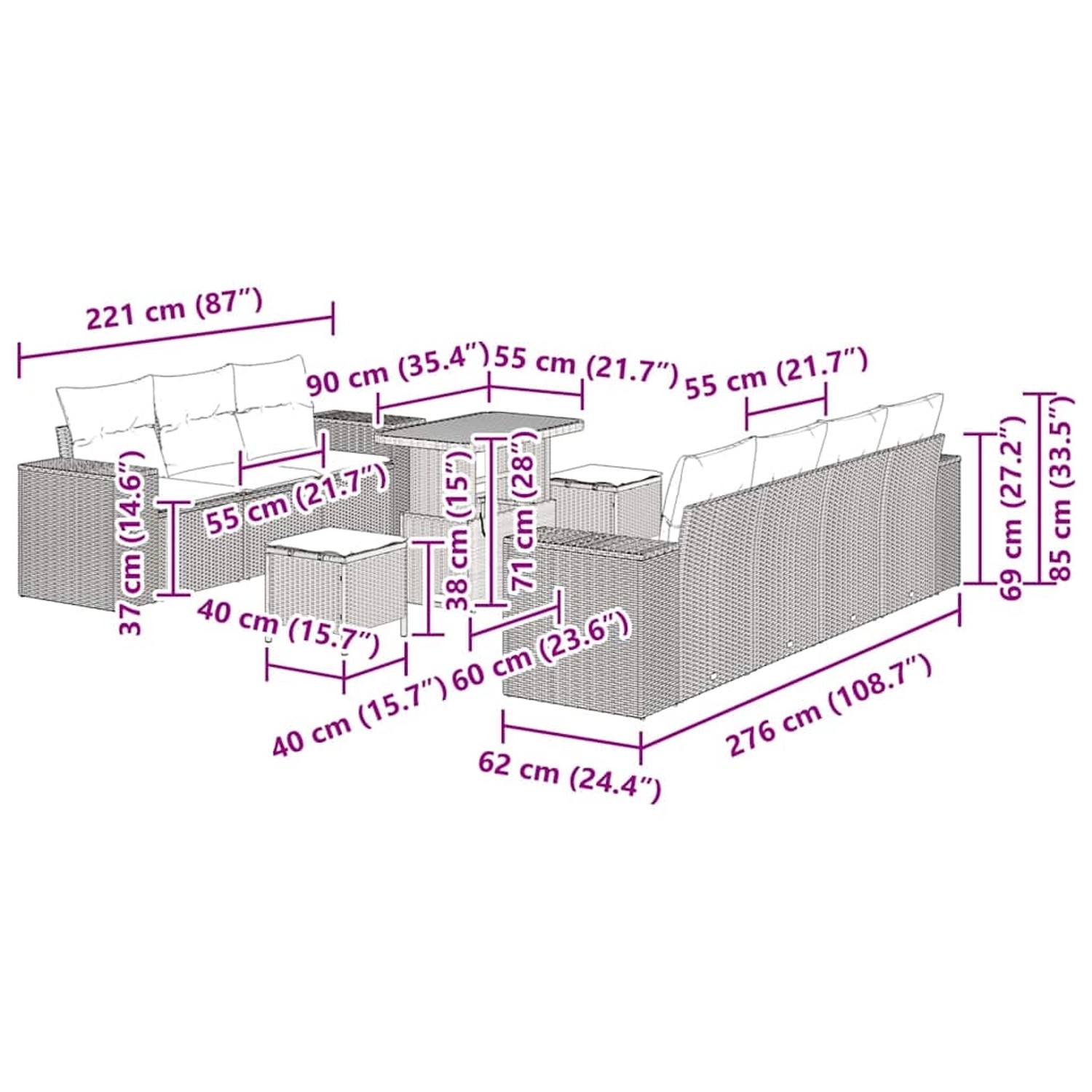 vidaXL Garten-Sofa-Set, 10-teilig, schwarz, Poly Rattan, mit Maßen. Ideal für Garten und Terrasse.