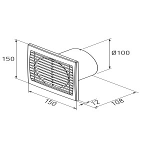 Skizze eines weißen Badventilators System Ø 100 mit Maßangaben.