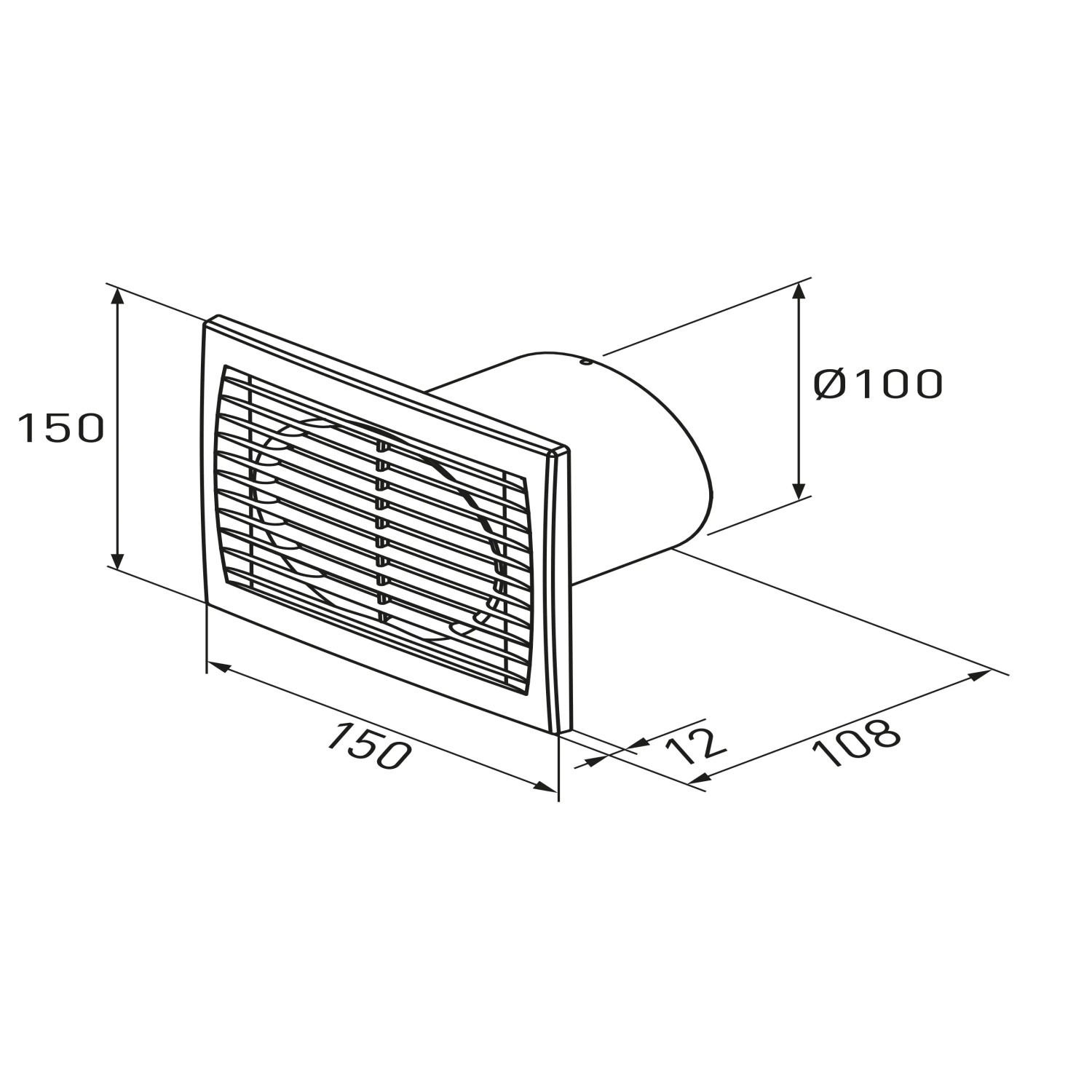 Skizze eines weißen Badventilators System Ø 100 mit Maßangaben.