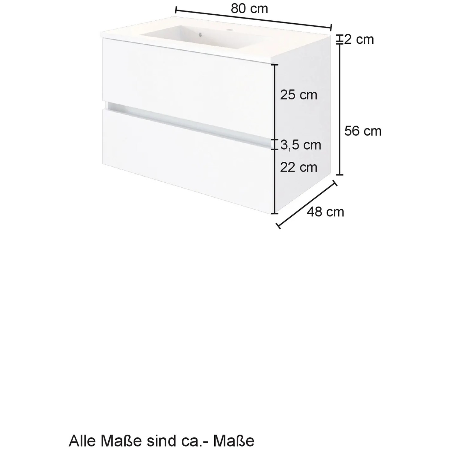 Maße des Held Möbel Einzelwaschtisch Bari, 80 cm breit, mit Schubladen und Waschbecken.