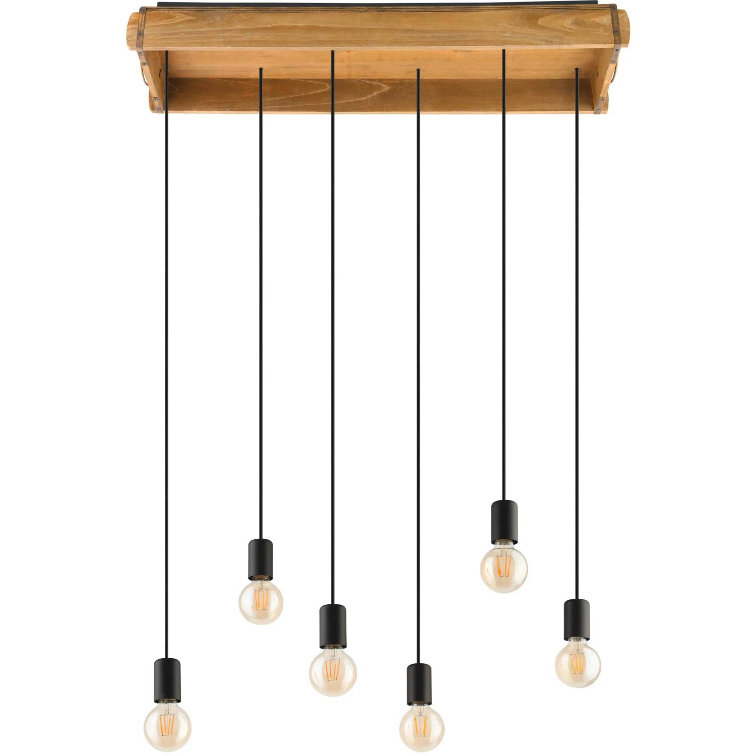 Moderne 6-flammige Eglo Hängeleuchte Wootton in Braun-Schwarz mit E27 Fassungen und Holzkiste im Vintage-Look.