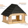 Dobar Vogelhaus Sort aus hellem Kiefernholz mit schwarzem Bitumendach und Futtertablett. Robust & wasserabweisend.