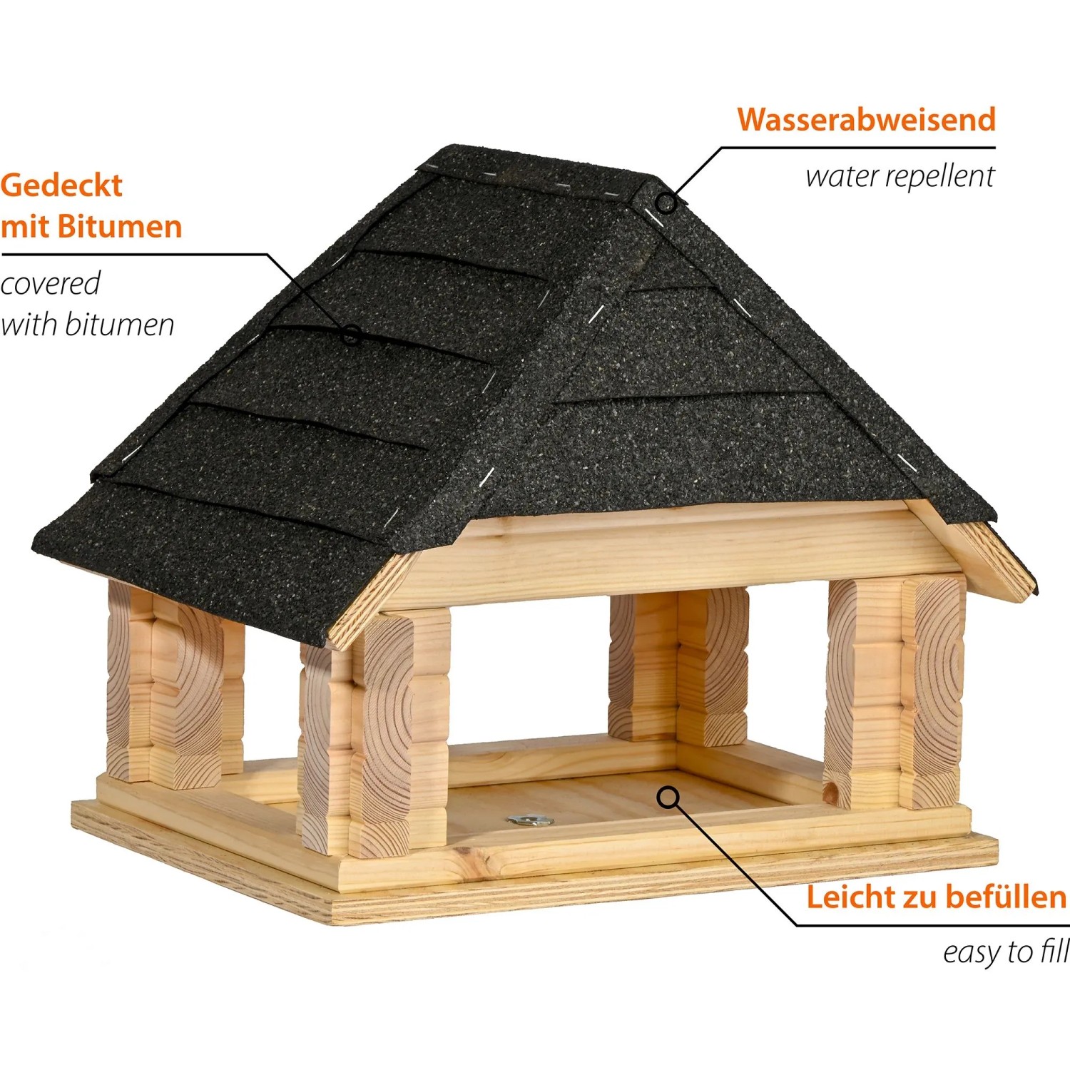 Dobar Vogelhaus Sort aus hellem Kiefernholz mit schwarzem Bitumendach und Futtertablett. Robust & wasserabweisend.