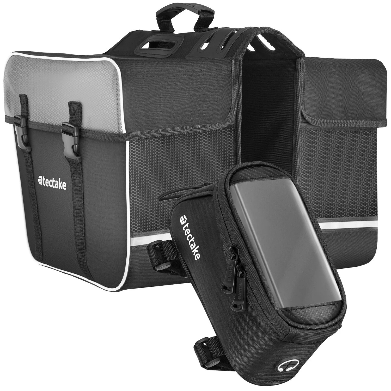 Tectake Set Fahrradtasche Georg und Fahrradrahmentasche  Große Fahrradtasche Mit 2 Fächern Rahmentasche Mit Touch Handyfach 20 x 9 5 x 10 cm 20 x 9 50