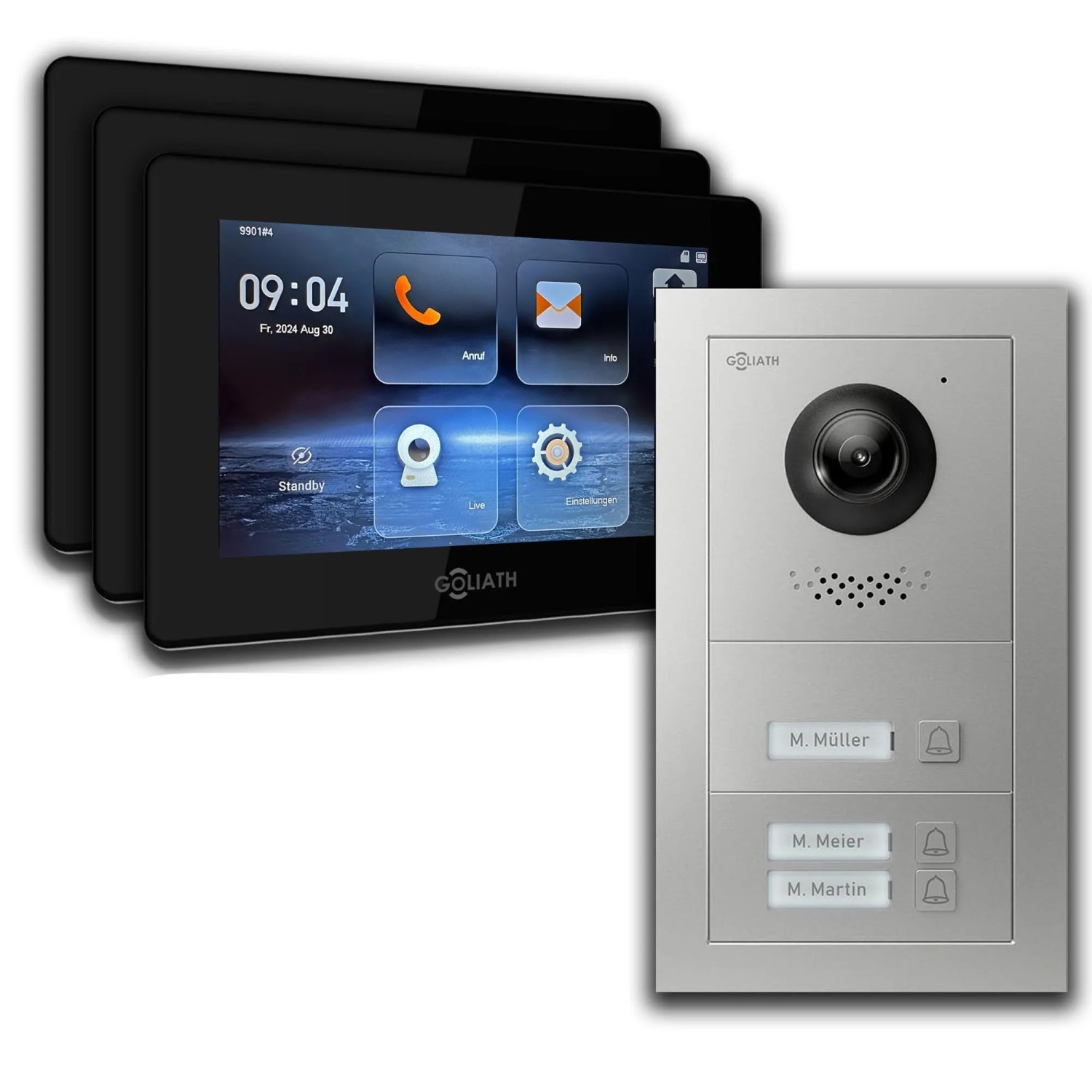 Goliath IP Video Türsprechanlage 3 Familienhaus 7 Zoll Schwarz App Silber Unterputz