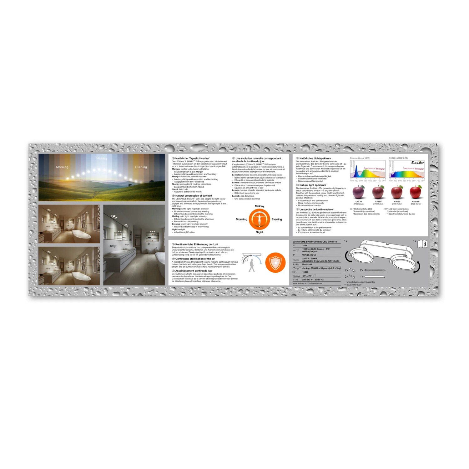 Infografik zur Ledvance Sun@Home Smart+ Badleuchte Silber Ø 30 cm mit Details zu Funktionen und Technologie.