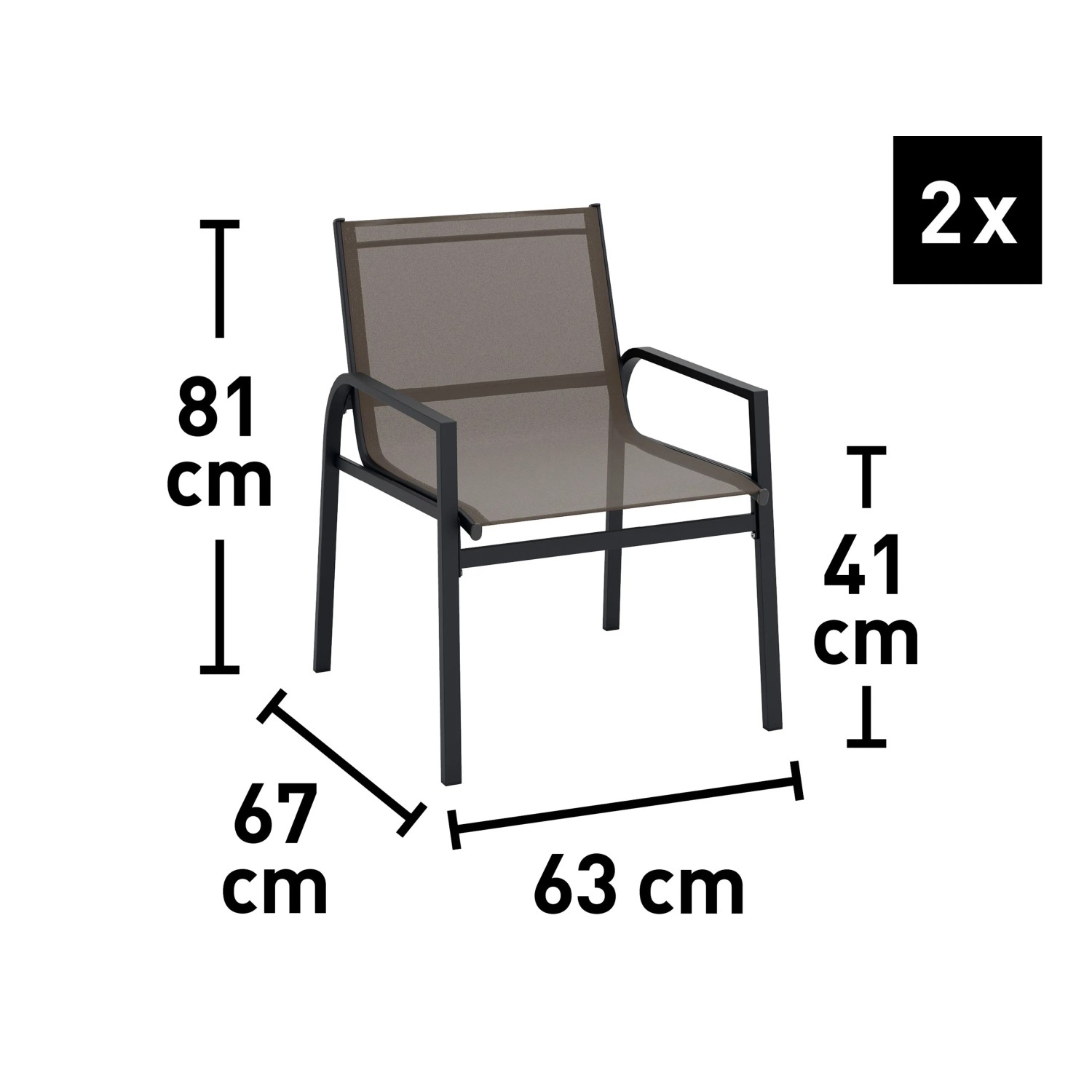 Abbildung eines Sessels aus dem 3-teiligen Balkonmöbel-Set Tapena in Schwarz-Taupe mit Maßangaben.