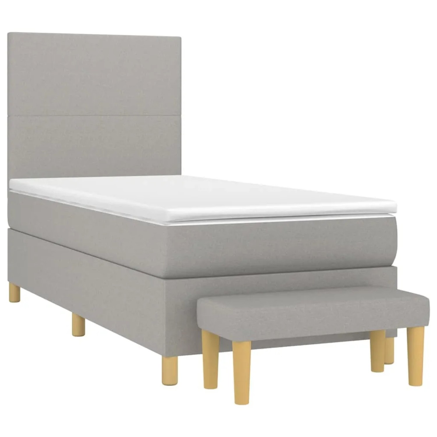 Hellgraues Boxspringbett 80x200 cm mit Matratze und Bank, Stoffbezug.