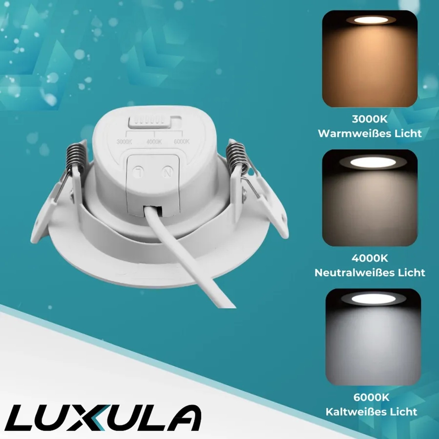 LUXULA LED Downlight 5er Set, schwenkbar, CCT, 7W, 718lm, IP44, Weiß. Farbtemperatur einstellbar.