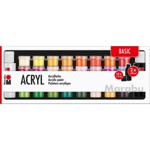 Marabu Acrylfarben Basic Set, 34-teilig mit 32 kleinen und 2 großen Farbtöpfchen.