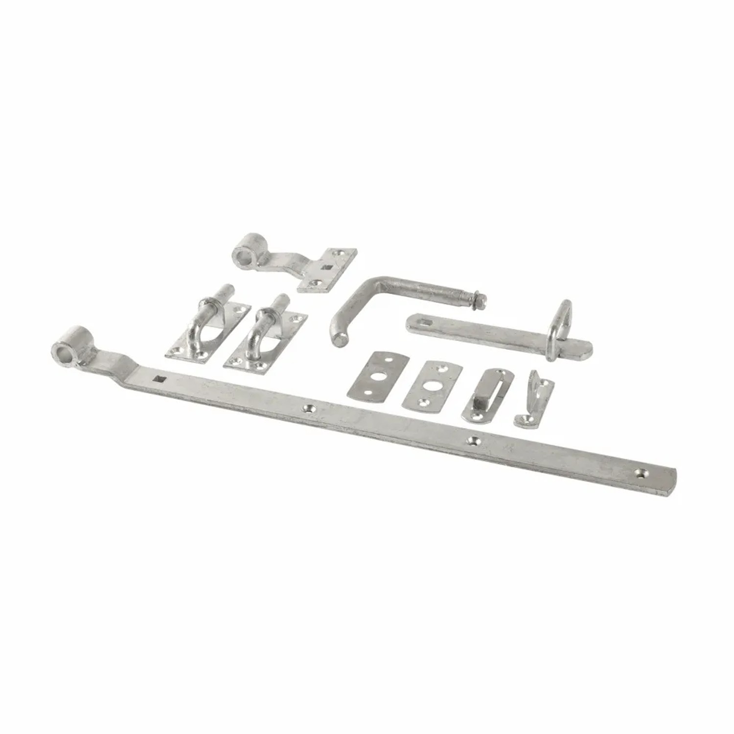 Beschläge-Set für Gartentor Weide Luxus, bestehend aus Riegel, Scharnieren und Befestigungsmaterial.