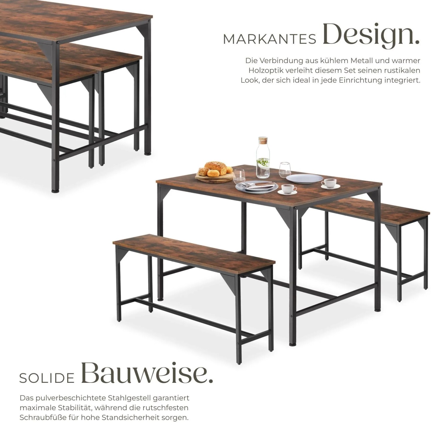 Tectake Sitzgruppe Bolton 3 Teilig Esstisch Mit 2 Sitzbänken  100 x 130 x 75 cm Industrial Holz Dunkel  Rustikal_3