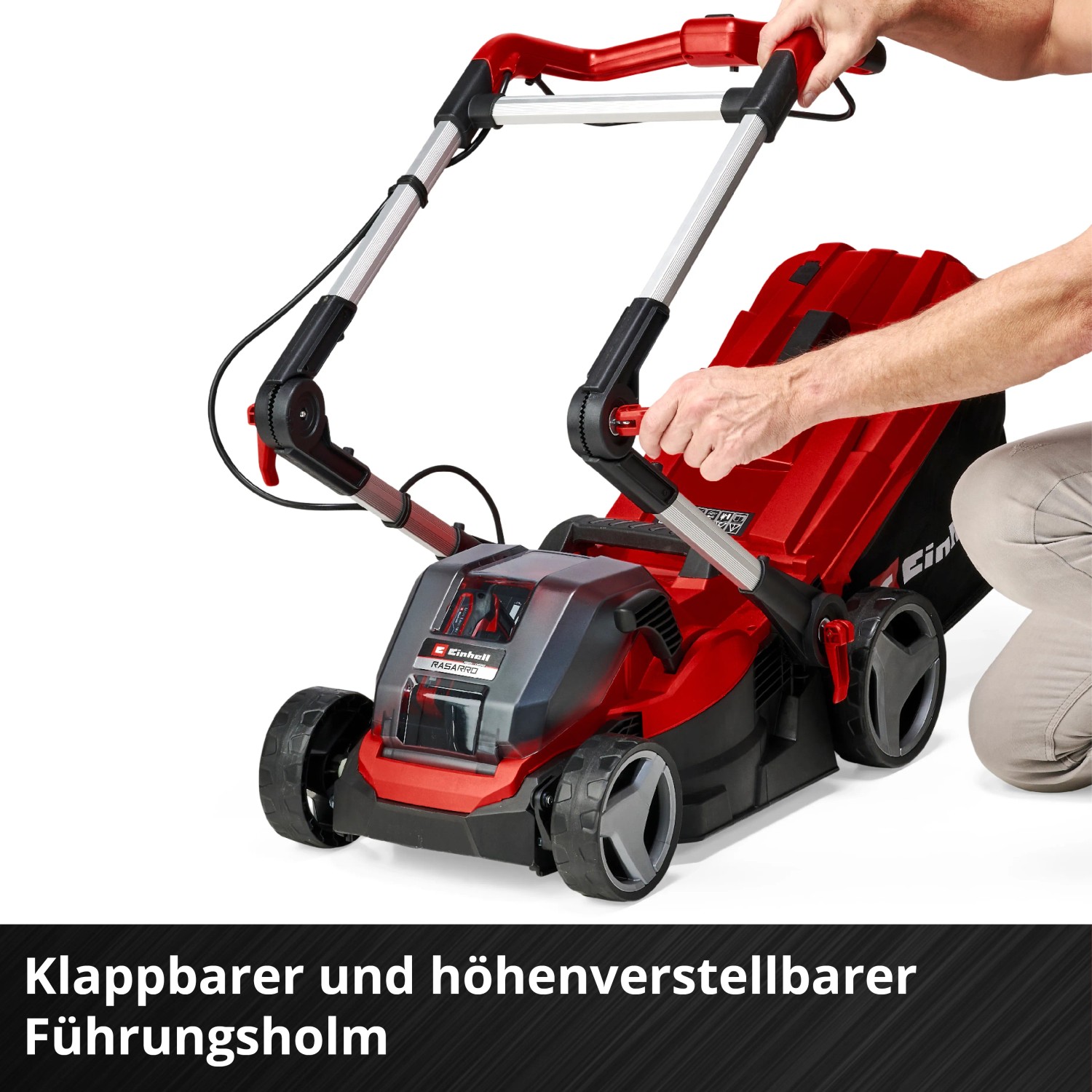 Einhell Akku-Rasenmäher Rasarro GP-CM 36/41 Li-Solo in Rot mit klappbarem Führungsholm.