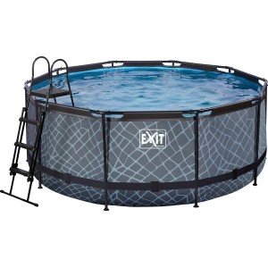 Grauer EXIT Stone Pool Ø360x122cm mit Leiter und Sandfilterpumpe.