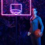 Frau mit Basketball vor leuchtendem LED-Streifen Neon Digitalflex Basketballkorb.