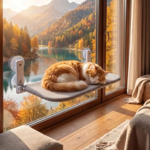 Schlafende Katze auf hellgrauer Wiltec Fudajo Fensterliege mit Saugnäpfen vor Herbstlandschaft.