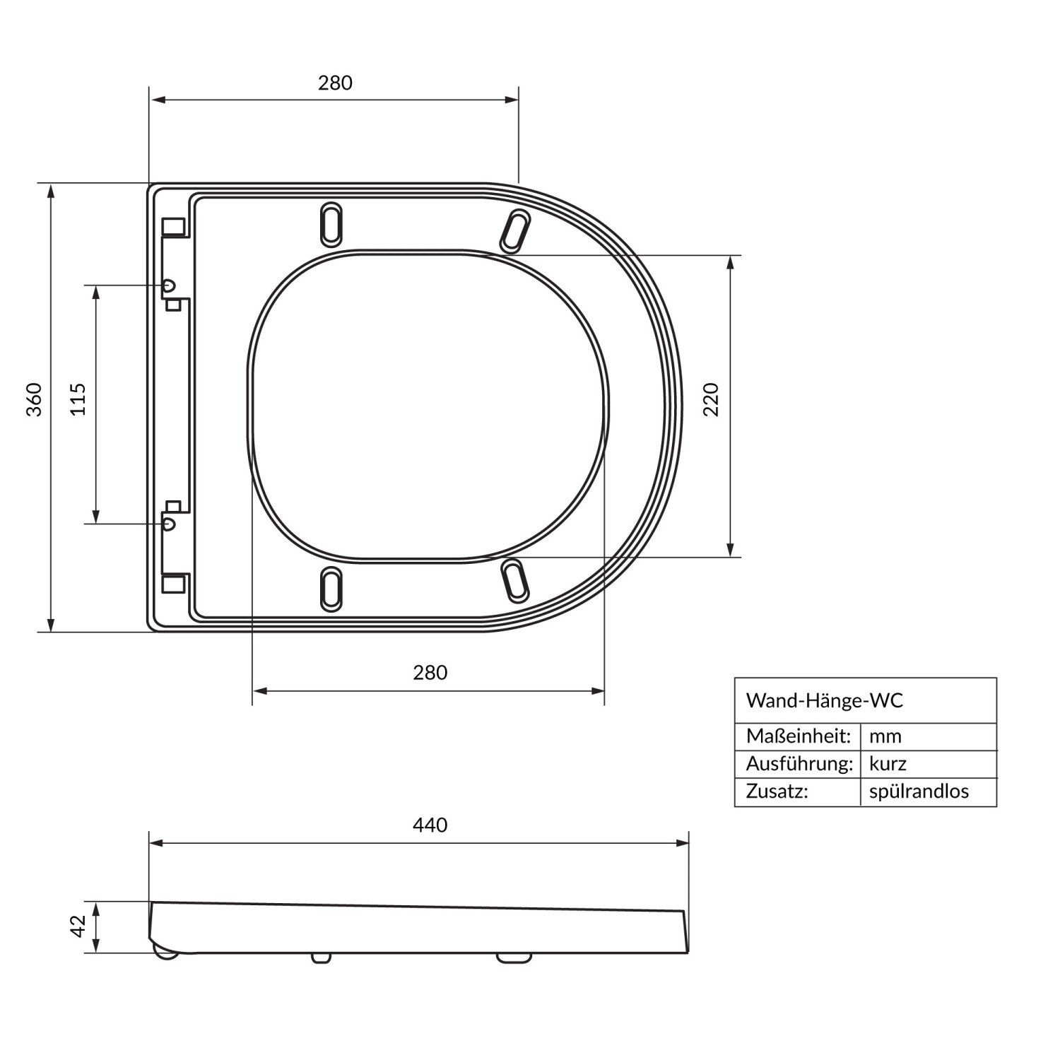 Technische Zeichnung: Spülrandloses Hänge-WC LuxeBath, kurze Ausladung (49cm), Maße in mm.