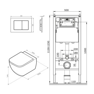 Technische Zeichnung AM.PM WC-Set: Wand-WC, Vorwandelement, Drückerplatte mit Maßen.