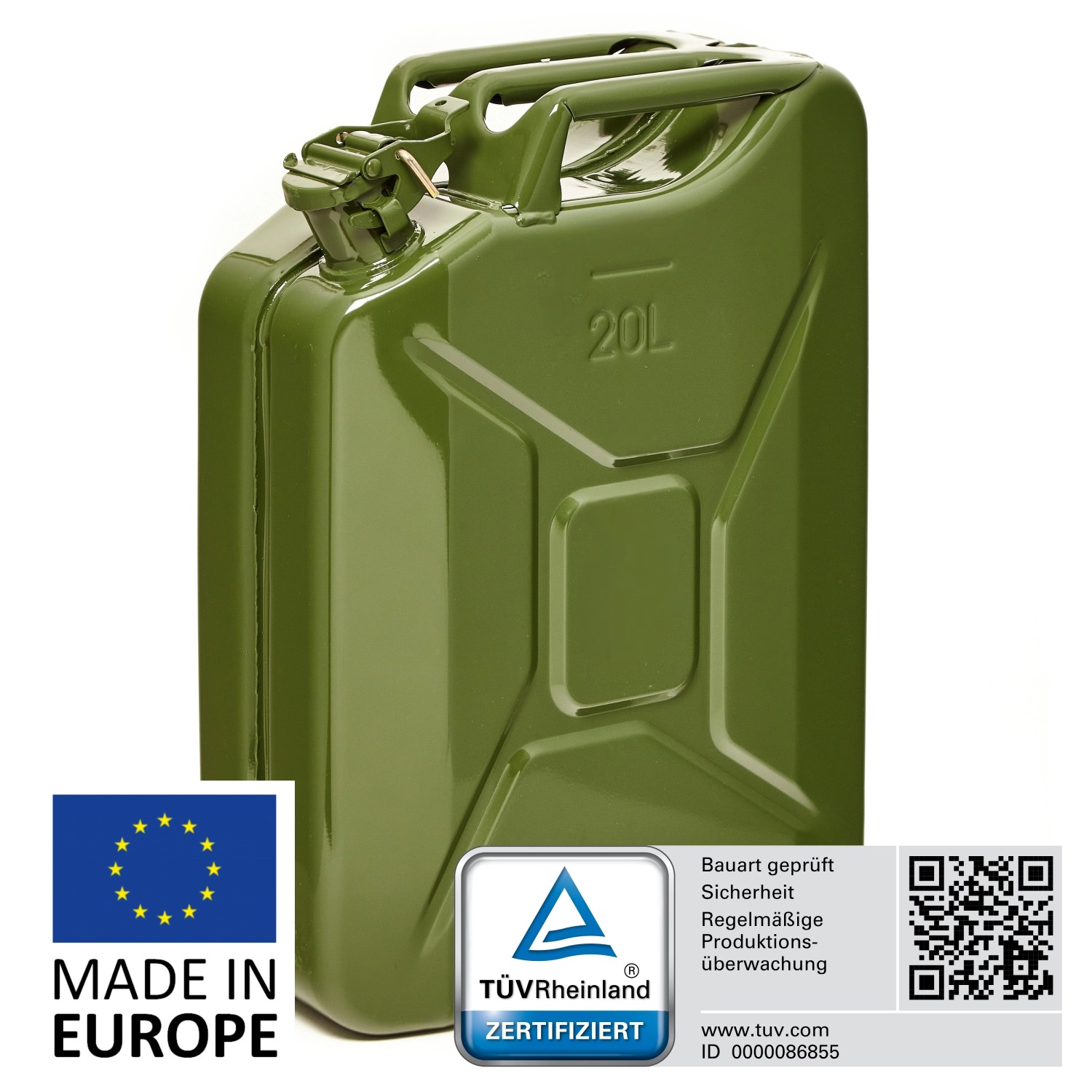 Olivgrüner 20L Metall Kraftstoffkanister, TÜV-geprüft, für Benzin, Diesel & E10.