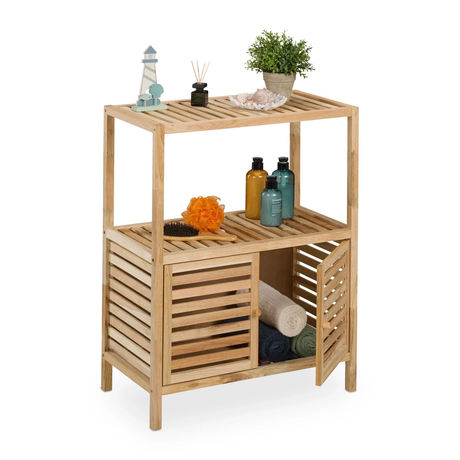 Relaxdays Badregal Walnussholz Natur mit 2 Ablagen und Schrankfach 86 cm x 67,5 cm x 35,5 cm 6,3 kg