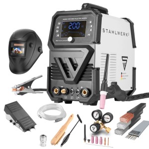 STAHLWERK AC DC WIG 200 Puls Pro Digital Schweißgerät mit Zubehör wie Schweißhelm und Fußpedal.