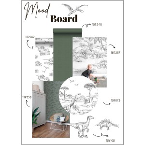ESTAhome Wandtattoo Dinosaurier, schwarz-weiß, 47,5x66cm, als Moodboard mit weiteren Artikeln dargestellt.