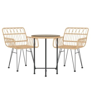 3-tlg. Garten-Essgruppe aus Rattan mit Tisch und zwei Stühlen für den Außenbereich.