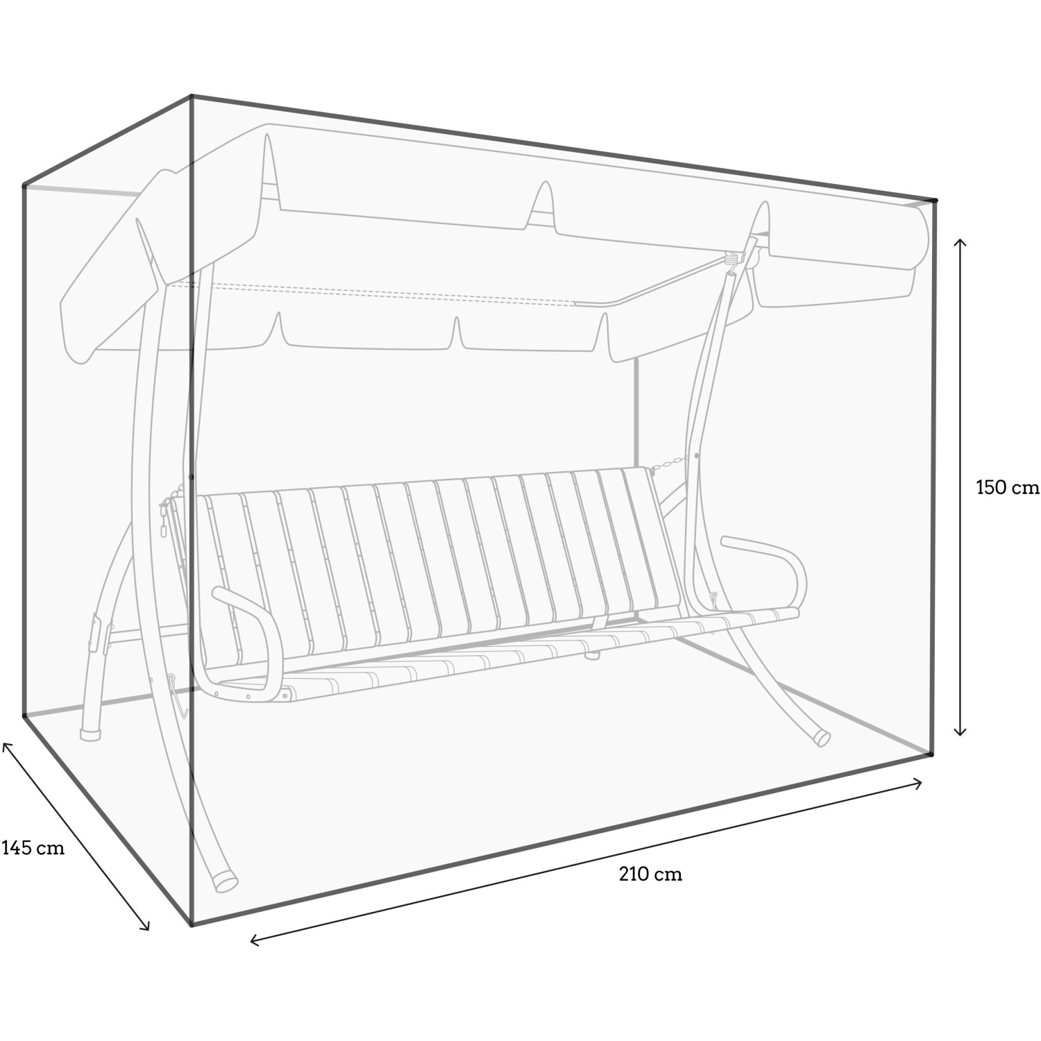 Schutzhülle in Kastenform mit Reißverschlüssen für eine 3-Sitzer Hollywoodschaukel.