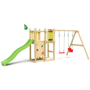 Jungle Gym Spielturm Ledge mit Doppelschaukel, Rutsche und Kletterwand aus Holz.