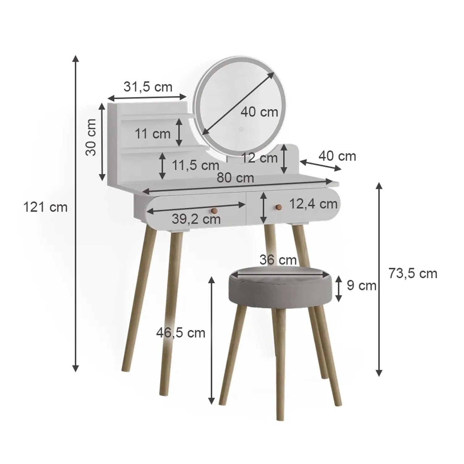 Weißer Vicco Schminktisch Edda 80 cm mit LED-Spiegel und Hocker, Maße eingezeichnet.