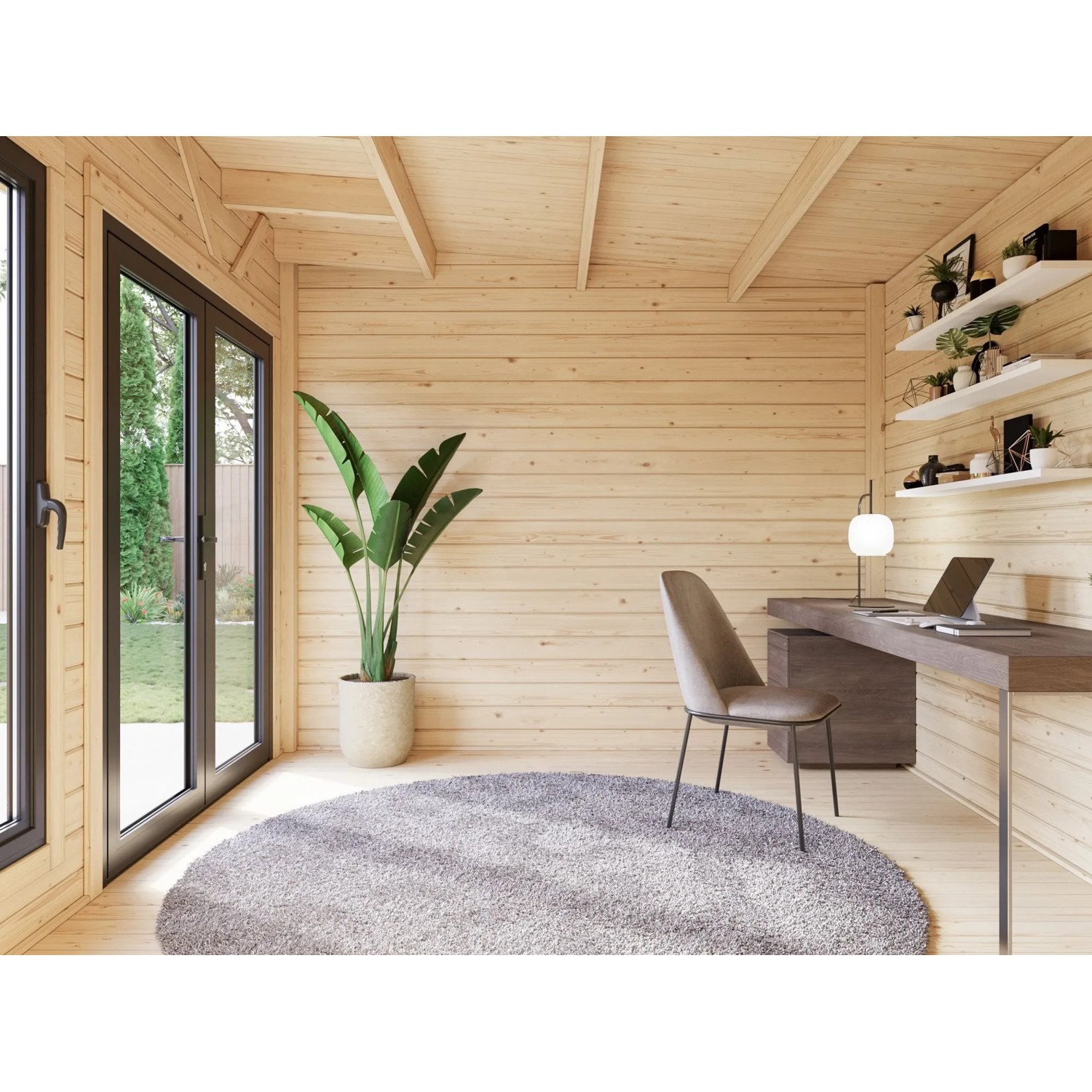 Innenansicht: Palmako Holz-Gartenhaus mit Pultdach, unbehandelt, als Büro eingerichtet.